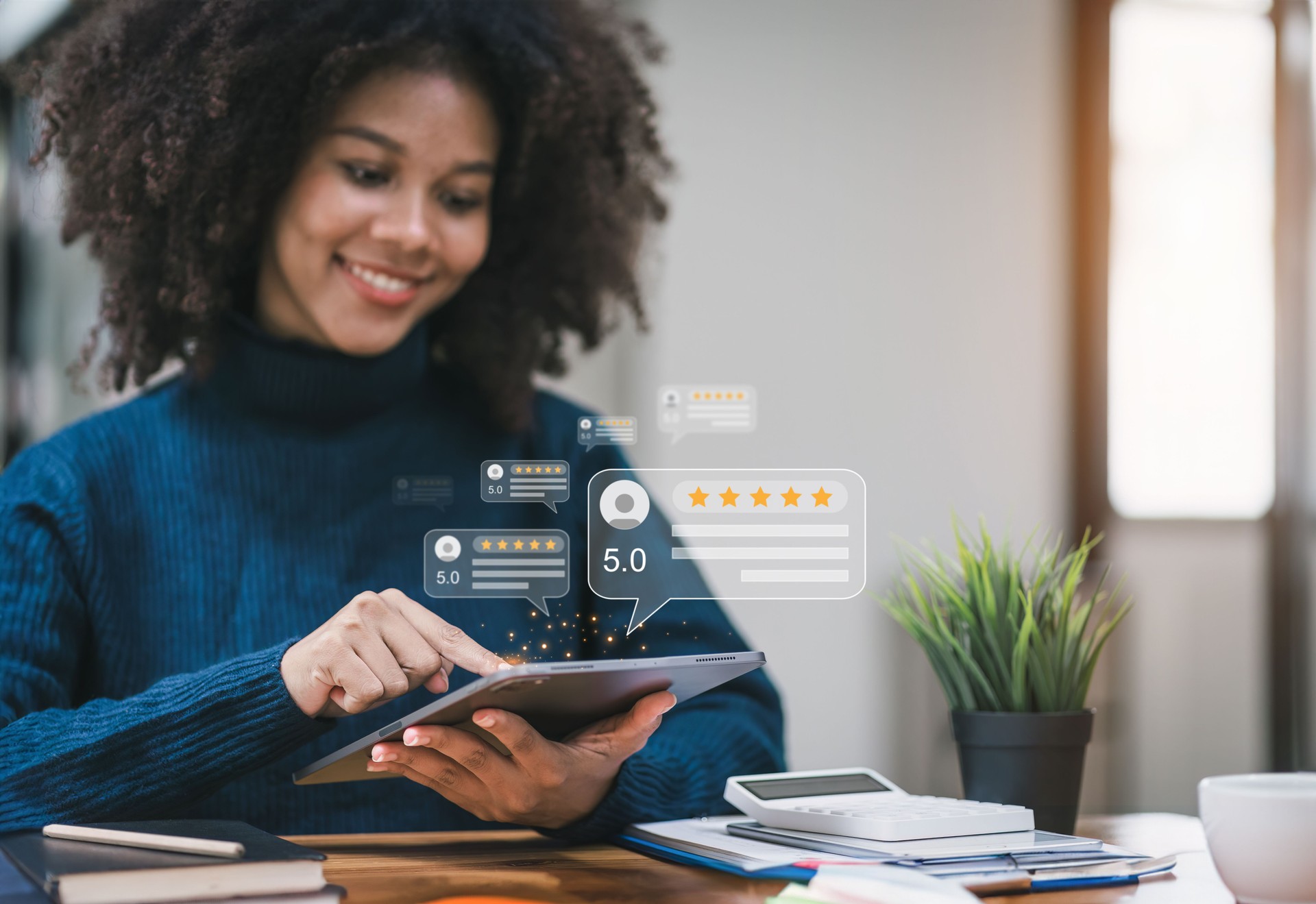 Close up of african american customer writing reviews, hand pressing on a smartphone screen with a golden five star rating feedback icon. Concept of rating and feedback for evaluation. Selective focus