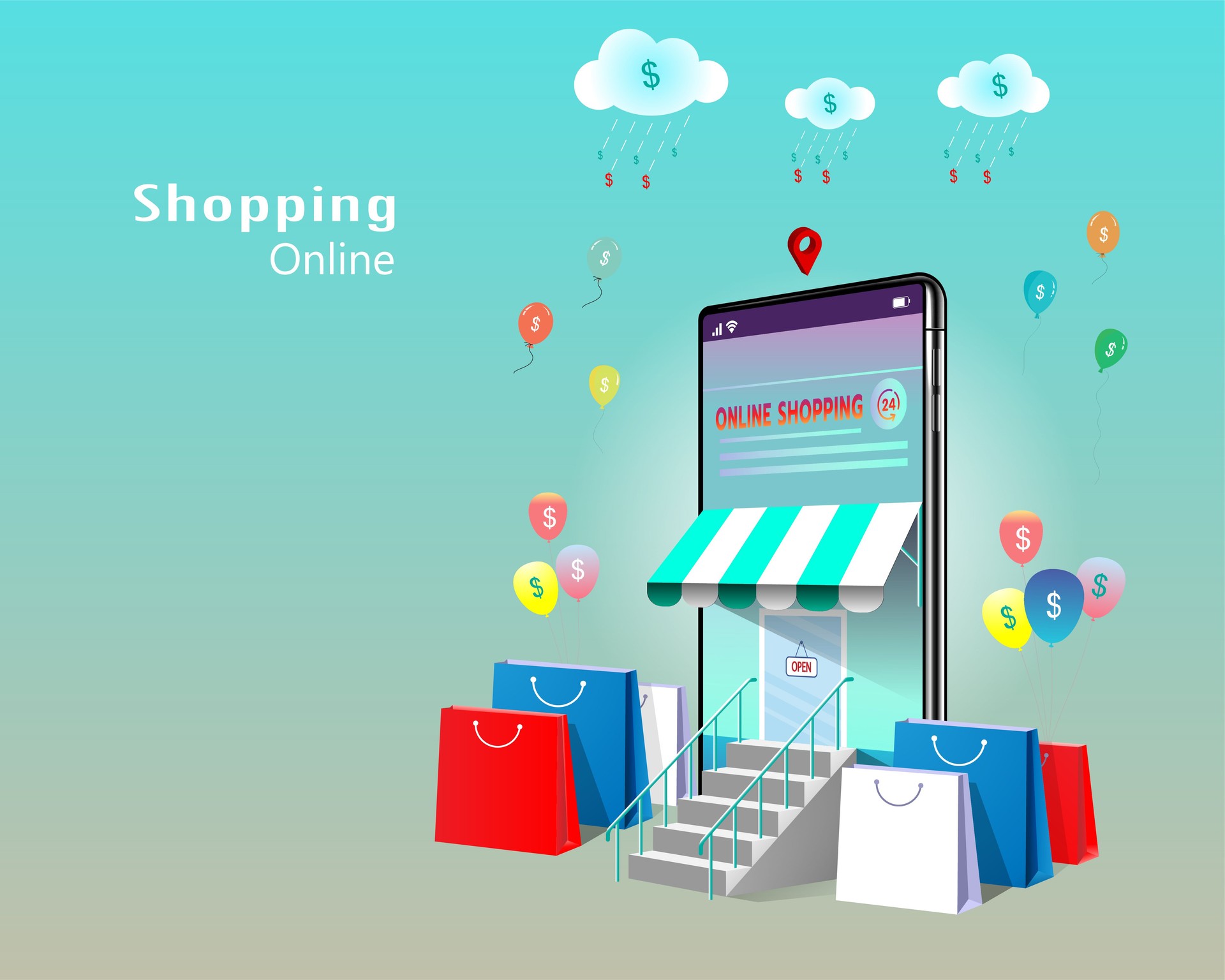 Achats en ligne, acheter ou vendre sur l’écran Store Application, site Internet avec vecteur de téléphonie mobile. Finance d’entreprise et concept de technologie de marketing numérique e-commerce.
